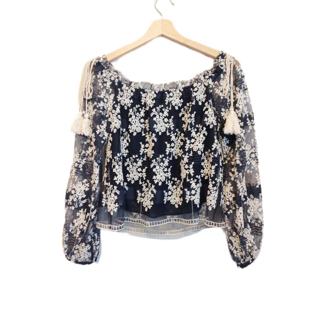 Embroidered Blue Lace Top Lucy Paris XS Off Shoulder Tassel Flirty Cropped Shirt